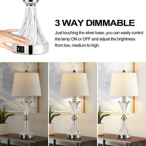 Set Of 2 Sleek Touch Control Table Lamps For Bedroom With 3 Way Dimming And White Drum Shade Modern Nightstand Lighting With USB Charging Ports And Bulbs Included