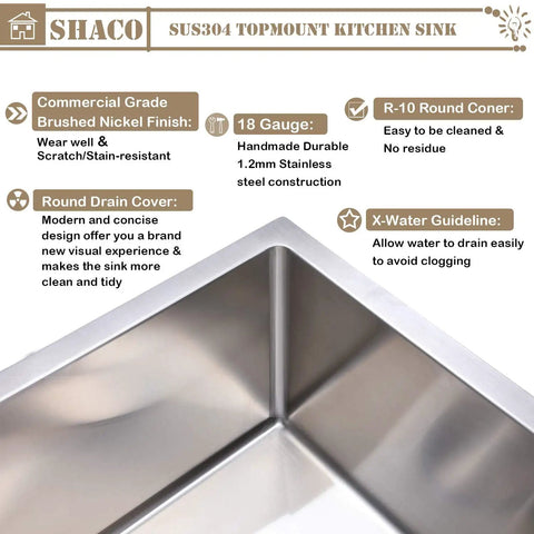 Corner detail of 15x20 Inch Drop In Bar Sink For Busy Kitchens And RVs, 304 stainless steel with brushed nickel finish and round drain cover