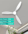 Stylish 52 Inch White Ceiling Fan With Three Blades And Built In Light Featuring Slick Finish Hella Powerful Airflow Quiet Operation Remote Control For Cool Living Space Vibes, showing motor and light power details.