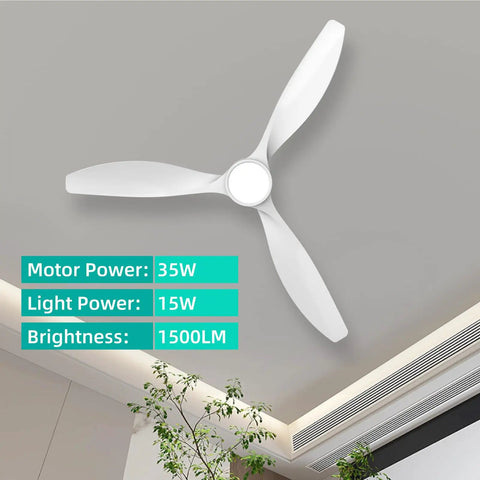 Stylish 52 Inch White Ceiling Fan With Three Blades And Built In Light Featuring Slick Finish Hella Powerful Airflow Quiet Operation Remote Control For Cool Living Space Vibes, showing motor and light power details.