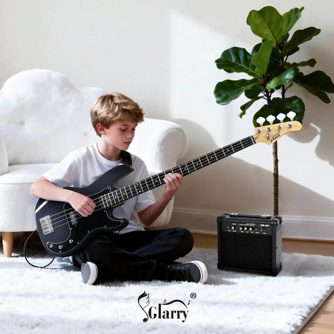 Boy playing bass guitar next to Portable 20W Bass Combo Amp With Headphone And MP3 Aux Input Practice Ready Bass Guitar Amplifier