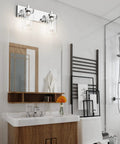 Two Light Chrome Vanity Light Fixture With Clear Glass Shades Stainless Steel Bathroom Wall Sconce over modern sink