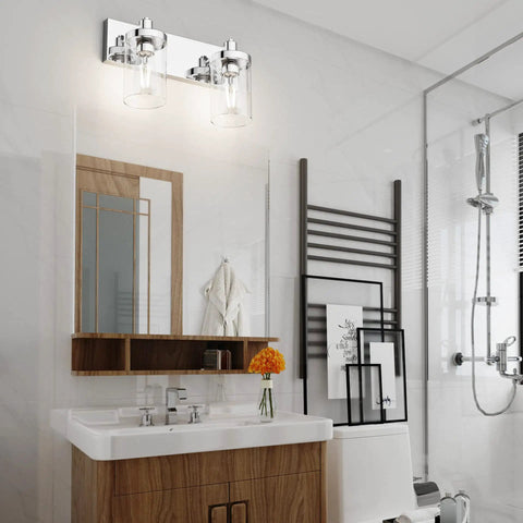 Two Light Chrome Vanity Light Fixture With Clear Glass Shades Stainless Steel Bathroom Wall Sconce over modern sink