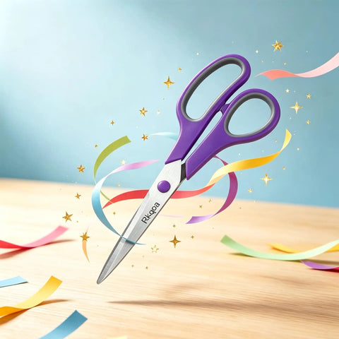 Purple-handled scissors from 6 Pack 8 Inch Multipurpose Comfort Grip Scissors Set With Colorful Handles Ergonomic Sharp Blades