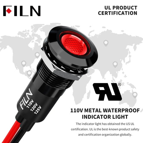 Red LED indicator, metal housing, 110V, 120V, 125V, with UL certification, on a world map background