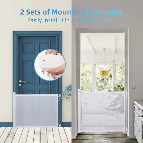 Retractable Baby Gate For Extra Wide Openings, 34 Inch Tall, Extends Up To 71 Inches installed in doorway with mesh safety design