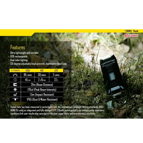 85 Lumens USB Rechargeable Keychain Light With Tiltable Head And Clip in grass, showing features and specifications.