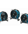 Real Heavy Lifter One Third Hp Sealed Motor Axial Air Mover Fan With Snappy Variable Speed Switch And Three Hour Timer Blue Bulk Crate Of Twenty Eight Industrial Blower That Knocks Out Dampness Quick; three blue axial air mover fans on stands.