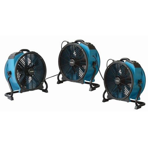 Real Heavy Lifter One Third Hp Sealed Motor Axial Air Mover Fan With Snappy Variable Speed Switch And Three Hour Timer Blue Bulk Crate Of Twenty Eight Industrial Blower That Knocks Out Dampness Quick; three blue axial air mover fans on stands.