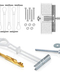 Steel Stud TV Mounting Kit With Heavy Duty Anchors Holds Up To Two Hundred Pounds On Steel Studs Includes Six Elephant Anchors One Quarter Inch And Titanium Coated Pilot Head Drill Bit For Precise Easy Installation, showing components.