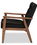 Side view of Mid Century Lounge Chair With Wood Frame In Dark Walnut Finish, Button Tufted Cushions With Piping, Removable Cushions