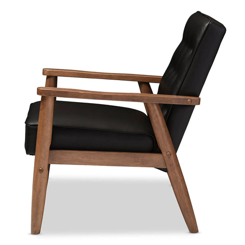 Side view of Mid Century Lounge Chair With Wood Frame In Dark Walnut Finish, Button Tufted Cushions With Piping, Removable Cushions