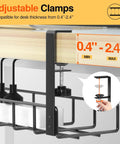 Side view of 2 Pack Under Desk Cable Management Tray With Upgraded Clamp No Drill Wire Organizer 31.4 Inch Metal Desk Cord Rack in use