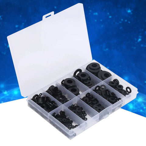 Ultimate Nylon Flat Washers Assortment Kit 500 Pieces For Metric Screws And Bolts M2 To M10 With Insulating Nylon Gaskets And Tough Pro Grade Storage Box Great For DIY Projects And Heavy Use In Shop Or Home Garage open case with assorted black nylon washers