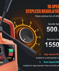 Heavy Duty Portable Electric Magnetic Drill Press With 2 Inch Boring Diameter And Variable Speed Control Up To 500 Rpm control panel showing 0-500 rpm speed adjustment.