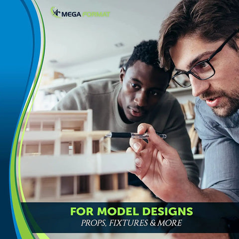 Two men discussing a scale model design with props and fixtures visible, focus on architectural planning and collaboration.