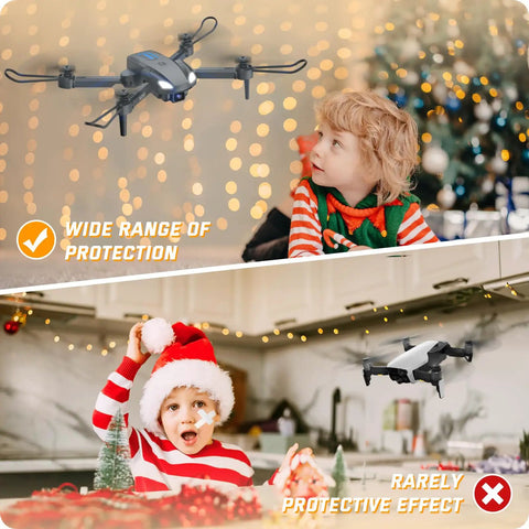 Child watching a foldable mini drone fly indoors, showcasing stability and kid-friendly operation; drone protects child safely in surroundings.