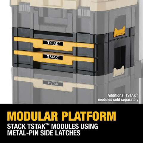 Sturdy TSTAK Tool Storage Organizer With Double Drawers Holds Up To 16.5 Lbs shown with black and yellow stackable design