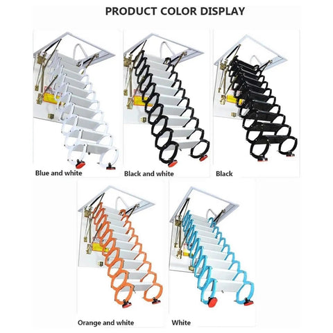 Super Heavy Duty Telescopic Attic Ladder With Buttery Smooth Electric Fold Built Tough Titanium Alloy Frame in various colors.