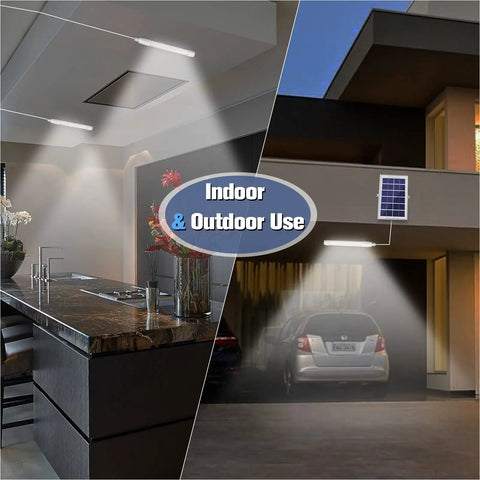 Indoor kitchen and outdoor garage lit by Outdoor Solar Bar Light Kit With Motion Sensor, 3 Modes, Remote, Waterproof Pendant Tube.