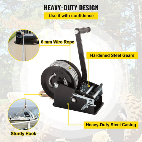 Beefed Up Heavy Duty Hand Winch Rope Crank 3500 LBS Capacity with 32.8 Ft Wire Cable and Alloy Hook 2 Gear Two Way Manual Ratchet