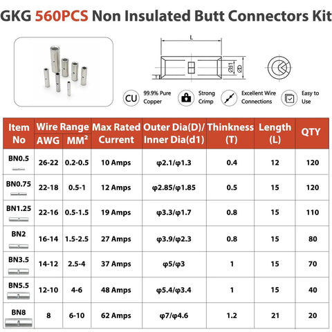 Solid Heavy Duty Gkg 560 Piece Non Insulated Butt Connectors Kit With Premium Pure Copper Wires For Rock Solid Wire Splices And Tough Electrical Jobs That Totally Rock Your Car Or Home Setup, 560pcs pure copper wire connectors