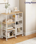 Slick 4 Tier Rolling Kitchen Island Cart With Dreamy White Wood Top And Slatted Metal Storage Shelves Hella Spacious Coffee Bar Cabinet For Dining Room Pantry Office Featuring Smooth Locking Casters And Sturdy Side Hooks in living room.