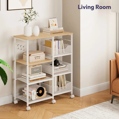 Slick 4 Tier Rolling Kitchen Island Cart With Dreamy White Wood Top And Slatted Metal Storage Shelves Hella Spacious Coffee Bar Cabinet For Dining Room Pantry Office Featuring Smooth Locking Casters And Sturdy Side Hooks in living room.