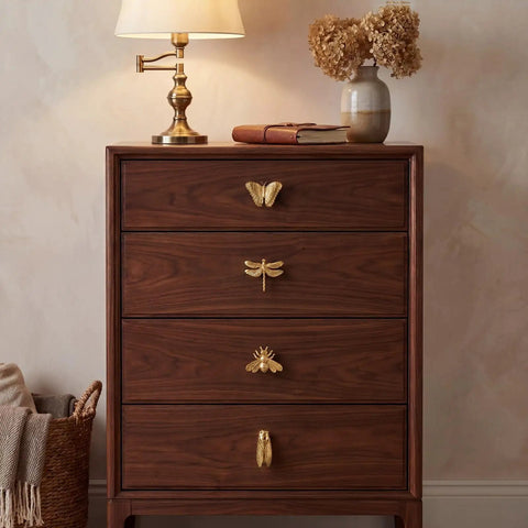 8 Piece Insect Themed Cabinet Knobs Set For Dresser Cupboard Wardrobe Handles Featuring Butterfly Dragonfly Bee Cicada Styles In Gold Finish Easy DIY Makeover To Give Bedroom And Living Space A Fresh Modern Look.