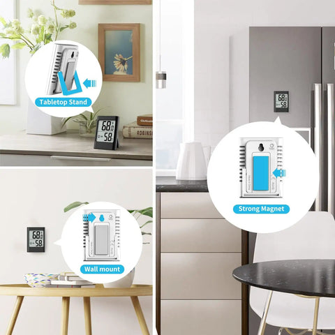 Two Pack Indoor Digital Humidity Gauge And Thermometer For Home Use Handy Hygrometer with stand, magnet, and wall mount options.