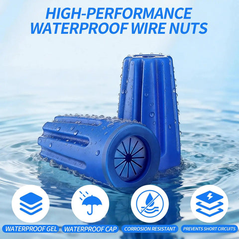 Blue Waterproof Wire Nuts Set for Outdoor Use Landscape Wire Connectors 22AWG to 12AWG, shown in water, highlighting durability.