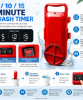 Portable 5 Gallon Mini Clothes Washer With Digital Timer And Quick Turn Spin Action Handles for easy laundry timing display.