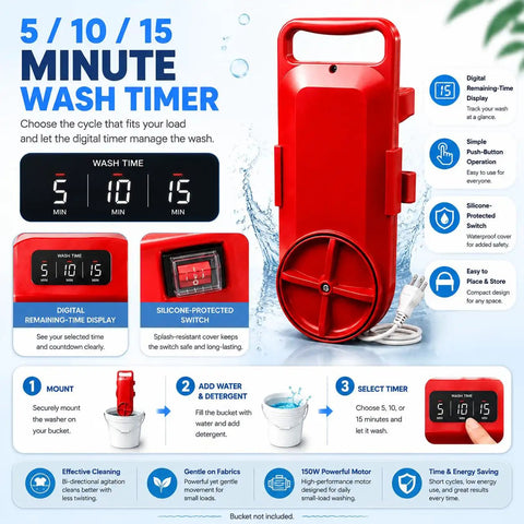 Portable 5 Gallon Mini Clothes Washer With Digital Timer And Quick Turn Spin Action Handles for easy laundry timing display.