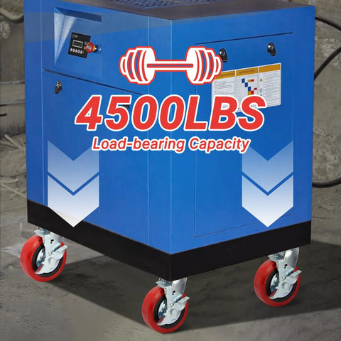 6 Inch Industrial Grade Caster Wheels Set Of 4, Heavy Duty Polyurethane Casters With Dual Ball Bearing, Solid Polyurethane Wheel Capacity 4500 Lb, Plate Mount Swivel Casters For Cart, Machine And Industrial Applications supporting a blue machine.