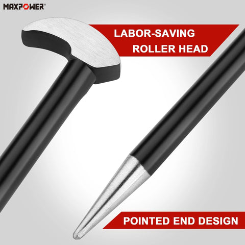 Close-up of MAXPOWER 3-piece rolling-head pry bar set with 6, 12 and 16-inch steel bars and pointed ends.