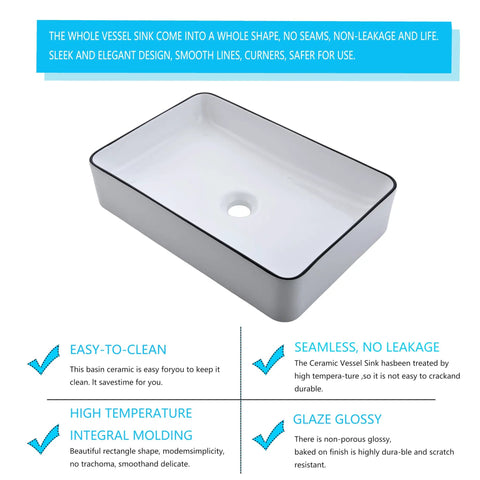 Rectangular Vessel Sink 20 By 14 Inch Above Counter White With Black Rim Premium Porcelain Ceramic Lavatory Vanity Basin For Modern Bathrooms Built To Last No Fuss Clean, showing seamless design and easy-clean features.