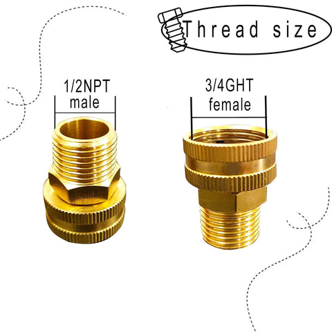 Garden Hose Adapter Two Pack One Half Inch NPT Male To Three Quarter Inch GHT Female Pipe Fittings Connector displayed