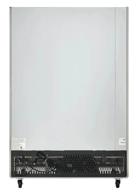 Back view of Commercial Two Door Reach In Freezer 54 Inch Wide 47 Cubic Foot Capacity Stainless Steel Double Door Cold Storage.