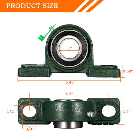 Front and side views of green cast-iron pillow block bearing with 1 in bore, UCP205-12, pack of 2.