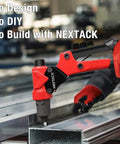 Rivet Nut Tool And Pop Rivet Gun For One Handed Tight Space Riveting All In One Kit drilling metal surface, red rubber grip.