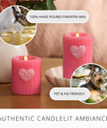 Flickering Flameless Pillar Candle 3.7x4.5 Inches with real flame effect, pink ribbed wax, embossed heart, table centerpiece.