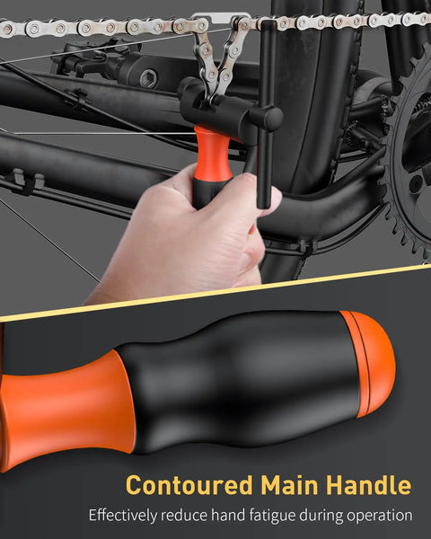 Heavy Duty Bike Chain Breaker Tool for 5 to 12 Speed and Single Speed Chains in use, showing ergonomic grip and chain hook.
