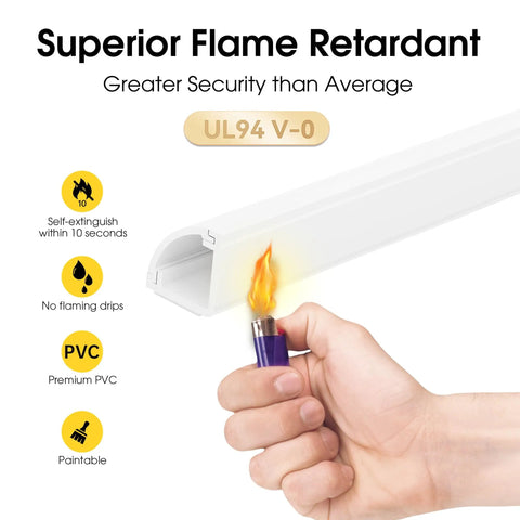 Hand testing flame resistance on Large Corner Cable Concealer For Walls Floors And Ceilings Paintable Wire Covers For Cords Corner Cord Hider