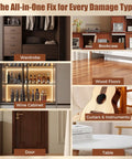 All In One Wood Filler Repair Kit With 26 Colors Including 16 Fillers And 10 Markers For Quick Scratch Crack And Hole Fixes On Wood Floors Furniture Cabinets And Tables showcased repairing various wood surfaces in a home setting.
