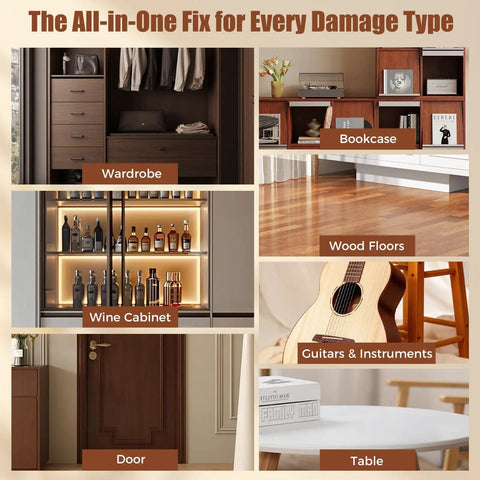 All In One Wood Filler Repair Kit With 26 Colors Including 16 Fillers And 10 Markers For Quick Scratch Crack And Hole Fixes On Wood Floors Furniture Cabinets And Tables showcased repairing various wood surfaces in a home setting.