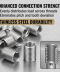 Thread Repair Kit With 50Pcs Stainless Steel Helical Inserts For Restoring Damaged Threads In Steel And Aluminum, M3 Size, close-up view.