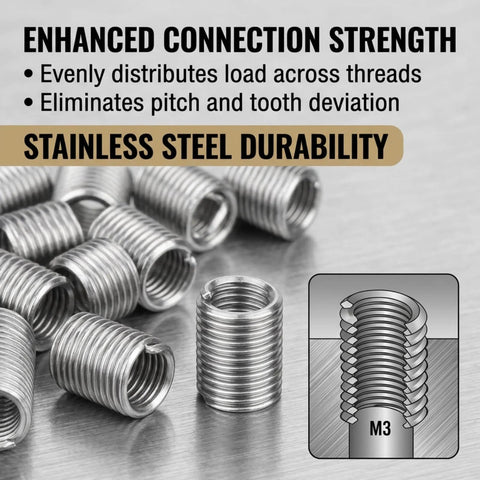 Thread Repair Kit With 50Pcs Stainless Steel Helical Inserts For Restoring Damaged Threads In Steel And Aluminum, M3 Size, close-up view.