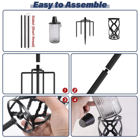 Assembly instructions for 4 Pack Gray Glass Outdoor Garden Torches 59 Inch Tall With Upgraded 16 Oz Citronella Fuel 5 Prong Grounded Stake.