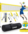Heavy Duty Volleyball Net Set For Backyard And Beach Play With Anti Sag Winch 32Ft Reinforced Net, bag, poles, player jumping.