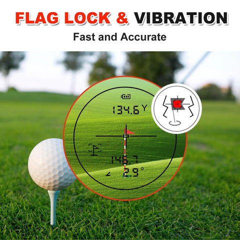 Display of Golf Range Finder With Slope And Magnet, 1000 Yard Range, 6X Zoom, showing flag lock and vibration feature.